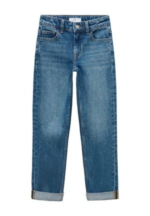 Jean en denim bleu avec une coupe droite, ourlets retroussés, bouton devant, braguette à fermeture éclair et design à cinq poches.