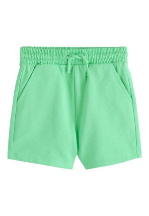 Shorts décontractés vert clair avec taille élastique, cordon de serrage et poches latérales sur fond blanc.