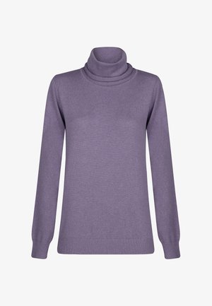 Pull encolure ras du cou violet en tissu tricoté doux. Il présente des manches longues, un col doublé, ainsi que des bords côtelés aux manches et à l'ourlet pour un look ajusté.