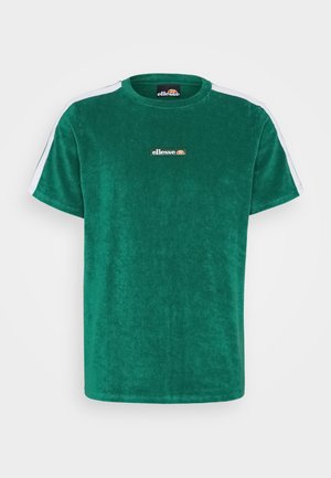 Green terry fabric t-shirt with a round neck, short sleeves, white side stripes, and a small embroidered logo on the front.