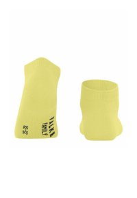 Żółte skarpetki za kostkę o prążkowanej fakturze. Zawierają nadruk "FALKE FAMILY" w kolorze czarnym. Oznaczenie rozmiarów 35-38. Zaprojektowane do codziennego noszenia.