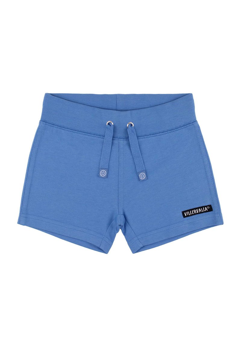 Blaue Baumwollshorts mit elastischem Bund, verstellbarem Kordelzug, geradem Schnitt und einem schwarzen Logosticker an der Seite.