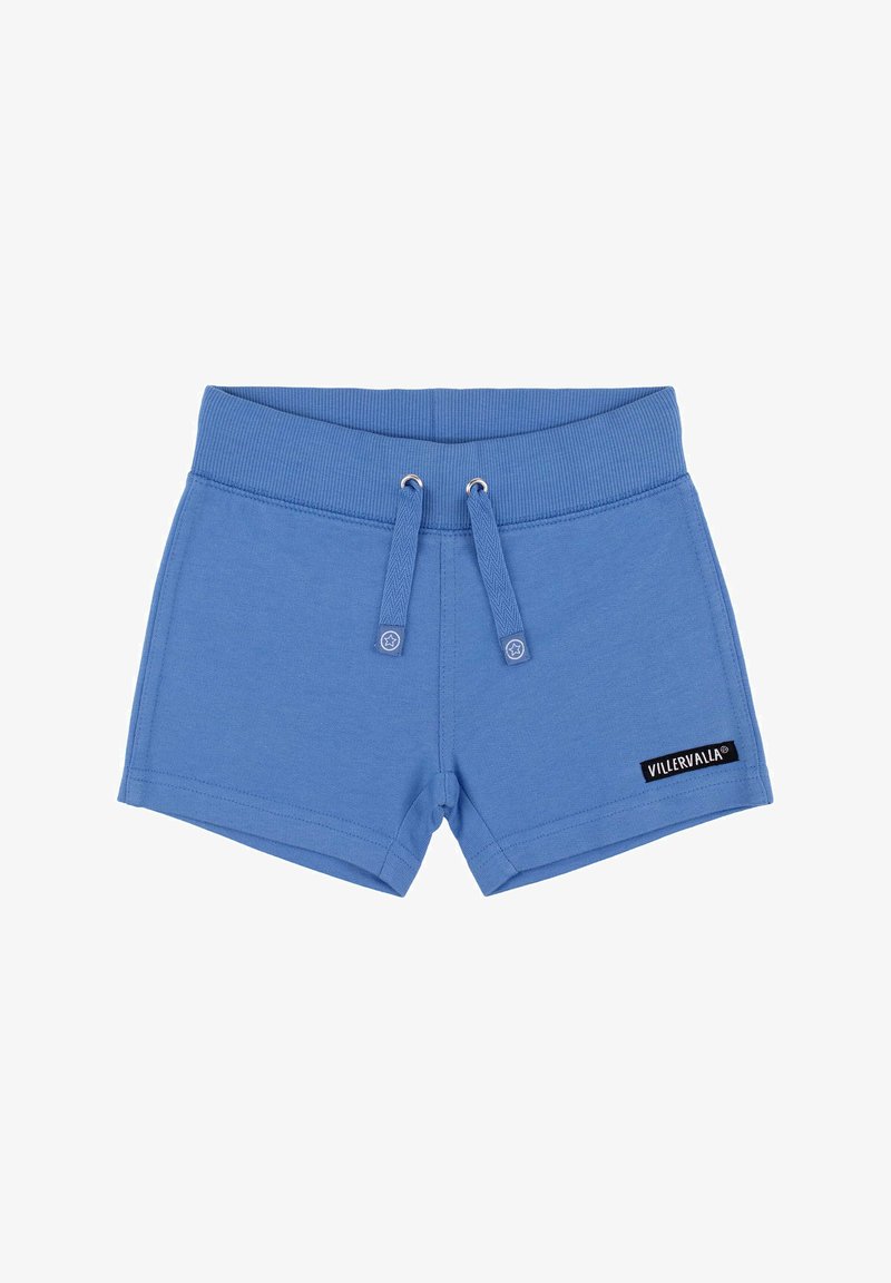 Niebieskie bawełniane szorty z elastycznym pasem, regulowanym sznurkiem, prostym krojem i czarną metką z logo po boku.