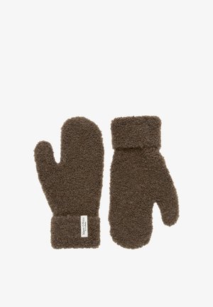 Bruine fleece wanten met een zachte, gestructureerde oppervlakte, voorzien van een manchet en een merkembleem aan één zijde. Afronde vorm voor de vingers.