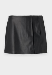 Black leather mini skirt featuring a smooth texture, simple design, and a concealed side zipper; includes a subtle pleat detail.