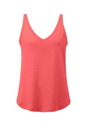 Korallefarbenes Tanktop mit V-Ausschnitt und dünnen Trägern, aus weichem Stoff gefertigt. Gerader Saum und lockerer Schnitt für zusätzlichen Komfort.