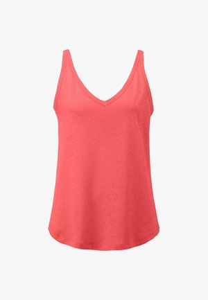 Korallefarbenes Tanktop mit V-Ausschnitt und dünnen Trägern, aus weichem Stoff gefertigt. Gerader Saum und lockerer Schnitt für zusätzlichen Komfort.