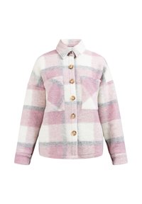 Knappet plaid jakke lavet af blød uld, med en farvesammensætning i pink, hvid og grå, to brystlommer og en klassisk krave.