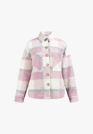 Giacca plaid con bottoni, realizzata in morbido lana, caratterizzata da una combinazione di colori rosa, bianco e grigio, con due tasche sul petto e un colletto classico.