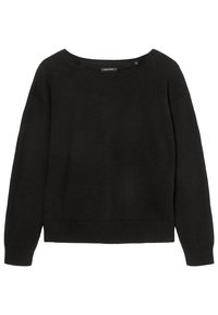 Schwarzer Pulli aus weichem Stoff, mit einem Bootsausschnitt und überschnittenen Schultern. Gerippter Saum und Bündchen für eine lockere Passform.