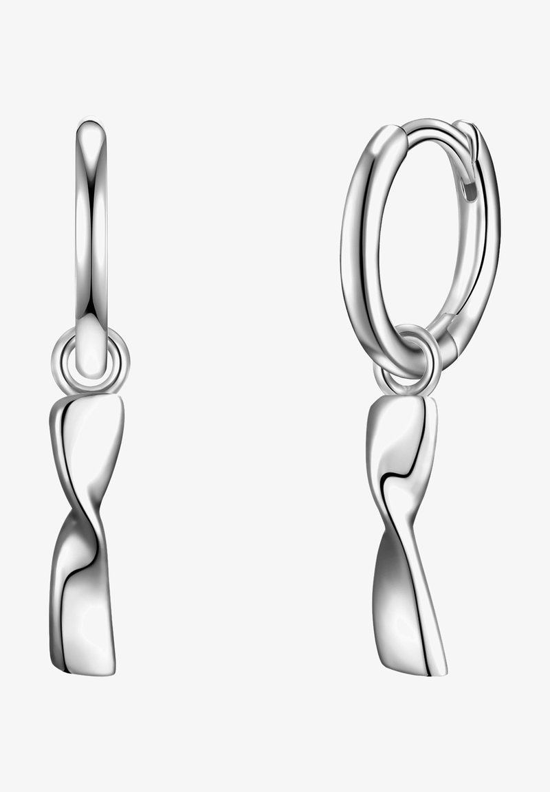 Srebrni uhani obročki z zasukano, skulpturalno podrobnostjo; značilni z visokim sijajem in brezšivno opremo za eleganten dizajn.