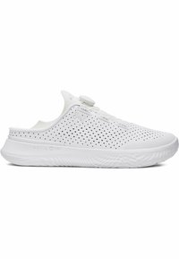White sneaker with a perforated design, rounded toe, and a textured sole. Features a central lace-free fastener and minimalist branding.