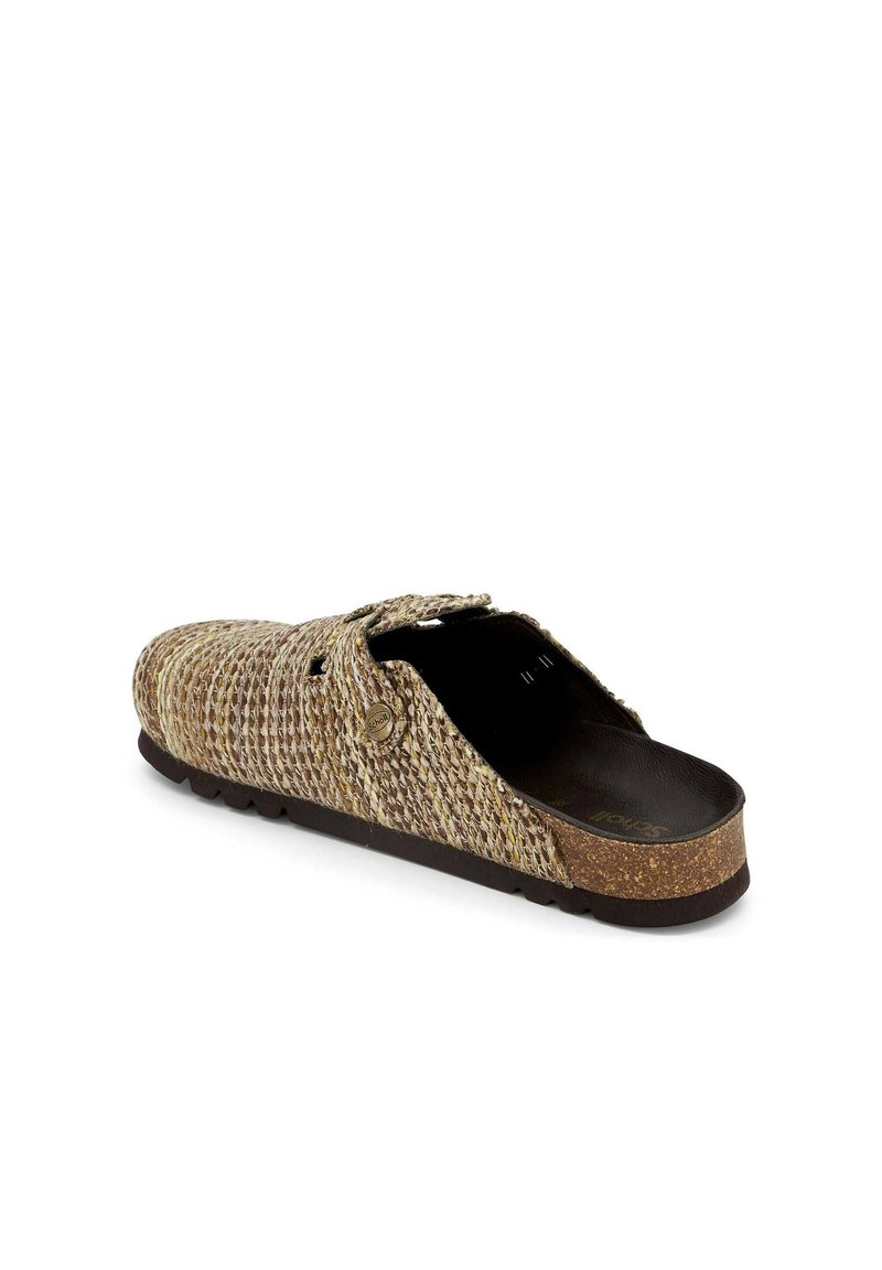 Chaussure à enfiler tissée dans des tons beige et marron avec une semelle en liège, dotée d'une sangle sur le coup de pied et d'un design à bout rond.