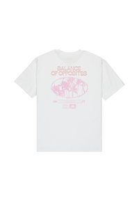 White cotton t-shirt featuring a pink graphic design with palm trees and text "BALANCE OF OPPOSITES" on the back. Standard fit.