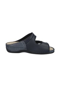Leather navy blue slide sandal with open toe and side cutouts, featuring a textured gray accent on the side and a soft beige insole.