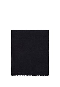 Sort rektangulær tørklæde med en blød tekstur og frynser, lavet af et varmt materiale, der er velegnet til lagdeling eller omvikling.