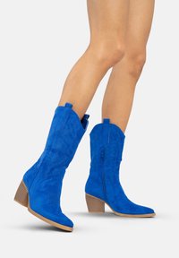 Botas de vaquero de ante azul con punteras puntiagudas, un tacón de bloque de altura media y costuras decorativas. Cremallera lateral para facilitar su uso.