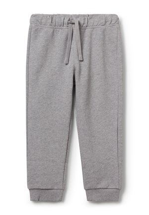Grijze sweatpants van zachte stof, met een elastische tailleband en een trekkoord, en ribbelmanchetten bij de enkel. Geen patronen of accenten.