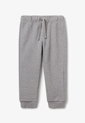 Grijze sweatpants van zachte stof, met een elastische tailleband en een trekkoord, en ribbelmanchetten bij de enkel. Geen patronen of accenten.