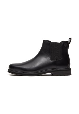 Schwarzer Leder-Chelsea-Stiefel mit elastischem Seitenpaneel, Zuglasche an der Ferse und dicker Gummisohle mit leichtem Absatz, seitlich dargestellt.