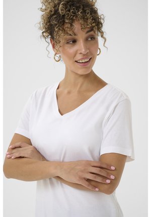 White cotton T-shirt with a V-neck design, short sleeves, soft texture, and a relaxed fit. Accents: subtle stitching details.