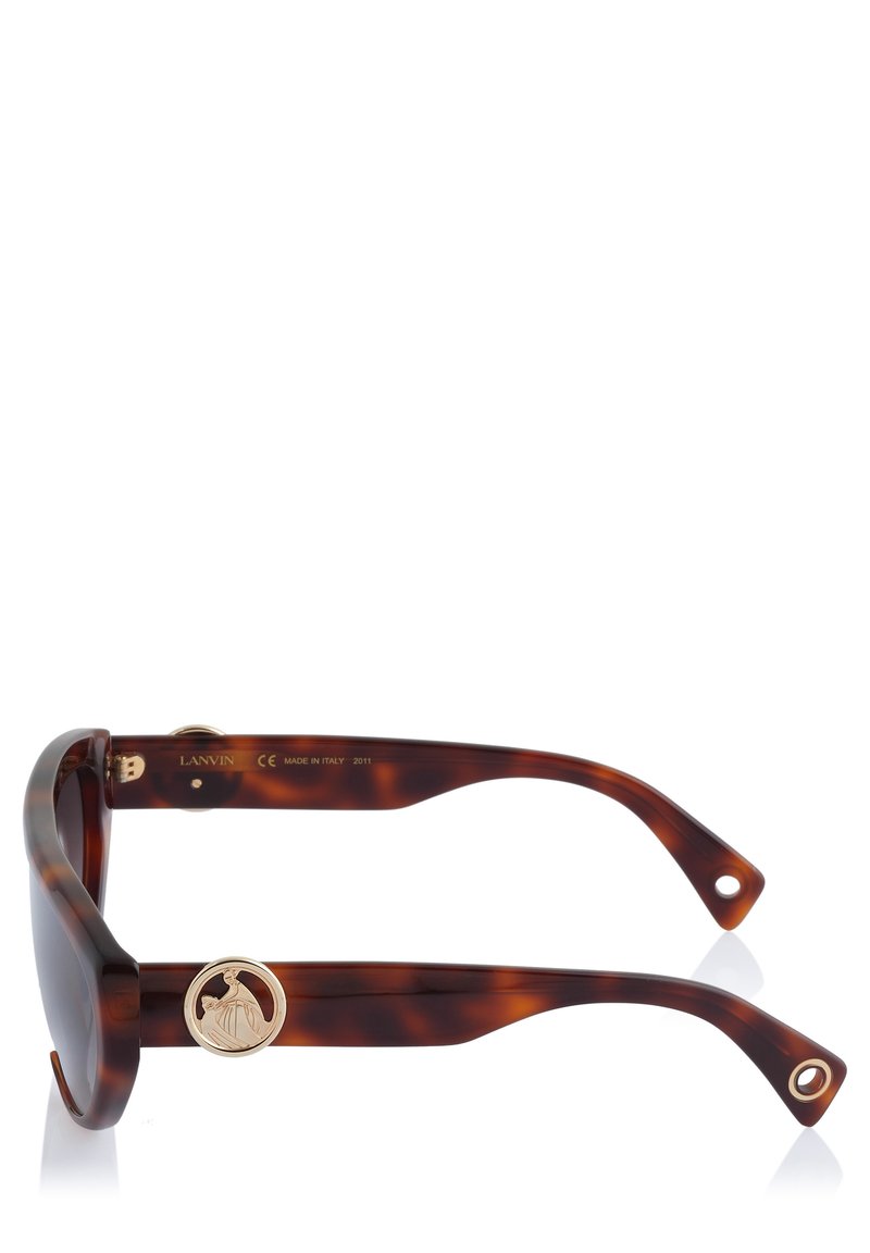 Sonnenbrille aus Schildpatt mit dickem Rahmen, goldfarbenem Logo an der Fassung und leicht gebogenen Bügeln. Hergestellt in Italien, 2011.