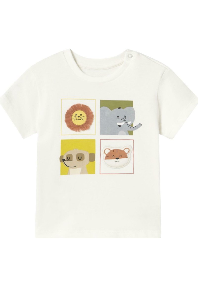 Camiseta blanca de algodón con cuatro bloques de animales: un león con melena, un elefante, un mono y un tigre, cada uno ilustrado de forma caricaturesca.