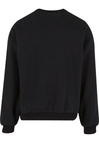 Sweat-shirt noir à manches longues avec col rond, poignets et ourlet côtelés, montré de dos sur fond blanc.