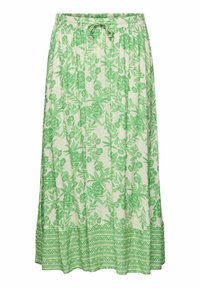 Gonna verde con motivo floreale, dotata di una fascia elastica in vita e cordoncino. Include un orlo verde texturizzato e un tessuto leggero.