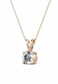 Collana con pendente in oro rosa che presenta un gemstone trasparente rotondo fissato in un montatura a quattro griffe, attaccata a una delicata catena.