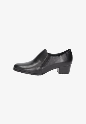 Chaussure à talon en cuir noir à finition lisse, bout amande, panneaux élastiques latéraux et petit talon carré pour la stabilité.