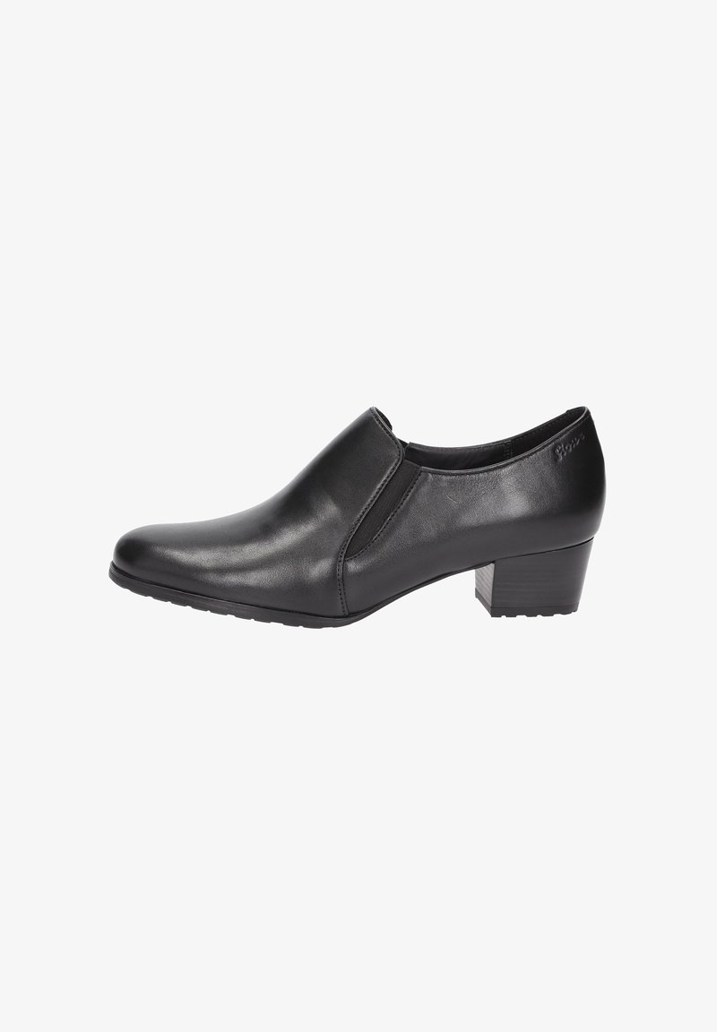 Chaussure à talon en cuir noir à finition lisse, bout amande, panneaux élastiques latéraux et petit talon carré pour la stabilité.