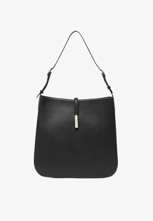 Schwarze Handtasche aus Leder mit glatter Textur, rechteckiger Form und einem einzelnen verstellbaren Tragegurt. Besitzt ein Metallelement am oberen Verschluss.