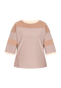 Tricou maro cu dungi, cu mâneci scurte, accente crem și dungi orizontale contrastante pe mâneci. Material moale, cu o croială lejeră.