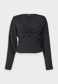 Svart langermet topp med vridd frontdetalj, tettsittende design og glatt tekstur. Avkortet lengde med V-hals.