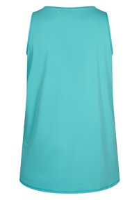 Een mouwloos topje in een levendige turquoise kleur. Gemaakt van gladde stof, met een ronde halslijn en een losse pasvorm.