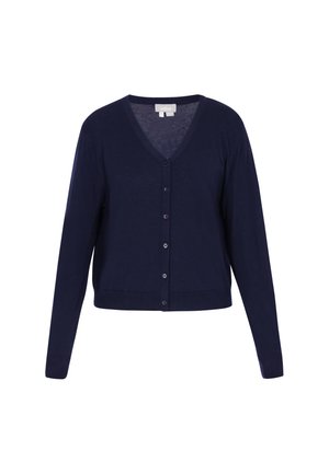 Cardigan bleumarin cu mâneci lungi, decolteu în V și șase nasturi în față, confecționat dintr-un material tricotat ușor.