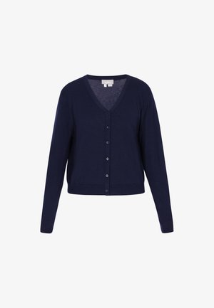 Tengerészkék, hosszú ujjú kardigán V-nyakkivágással és hat elülső gombbal, könnyű kötött anyagból készült.
