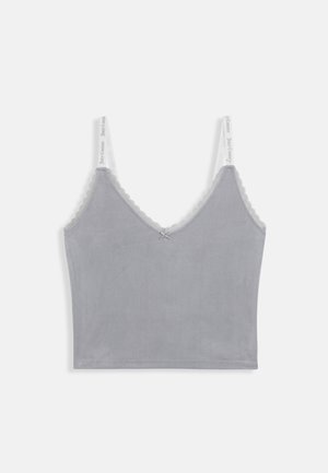 Jasnoszara krótka kamizelka z koronkowym wykończeniem, małą kokardką na środku oraz białymi regulowanymi ramiączkami z tekstem marki.