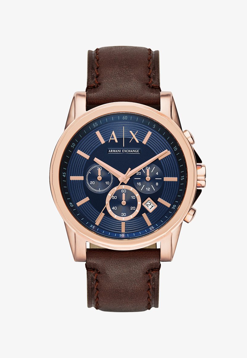 Reloj cronógrafo para hombre con esfera azul marino, acentos en oro rosa, correa de cuero marrón, detalles texturizados y display de fecha a las 6 en punto.