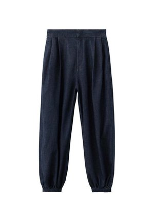 Ciemnogranatowe spodnie z wysokim stanem, zwężane, z zakładkami z przodu i elastycznymi ściągaczami przy kostkach.