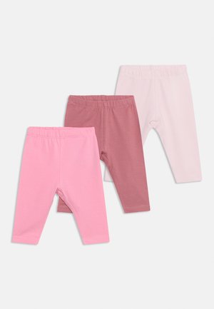 Drei Paar Baby-Leggings in Hellrosa, Staubrosa und Blassrosa mit elastischem Bund, auf weißem Hintergrund angeordnet.