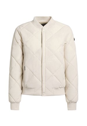 Kurtka bomber pikowana w jasnym beżu, z zapięciem na zatrzaski, ściągaczami przy mankietach oraz wyprofilowanym kołnierzem z subtelnym detalem brandingowym.
