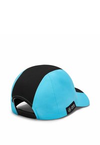 Niebieska i czarna czapka baseballowa z zakrzywionym daszkiem, teksturowana tkanina, wyszywane akcenty oraz metka marki z tyłu.