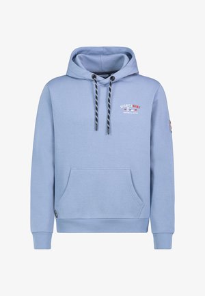 Lichtblauwe hoodie met zwart-witte trekkoorden, voorzak in kangoeroestijl en kleine rode en witte "EIGHT2NINE" tekst op de borst.