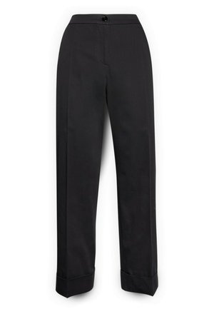 Sorte bukser med lige ben og høj talje, knaplukning, sidelommer og opbukket kant, vist på hvid baggrund.