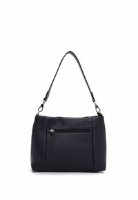 Czarna skórzana torba na ramię z teksturowaną powierzchnią, wyposażona w przednią kieszeń na zamek oraz pojedynczy regulowany pasek. Kompaktowy, nowoczesny design.