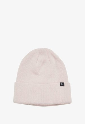 Hele roosa kootud müts, millel on voltitud äär. Valmistatud pehmest kangast, küljele on kinnitatud väike must silt, millel on täht "B".