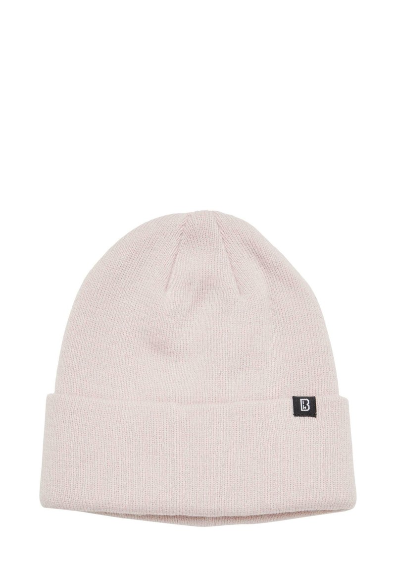 Căciulă roz deschis tricotată cu margine pliată. Realizată dintr-un material moale, are o etichetă mică neagră cu litera "B" pe lateral.