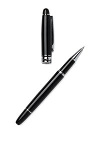 Black pen with a glossy finish, silver accents, and a pointed tip. Includes a removable cap with a clip for attachment.